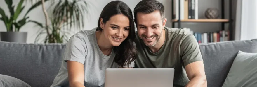Couple trentenaire consultant un ordinateur pour leur projet de prêt immobilier