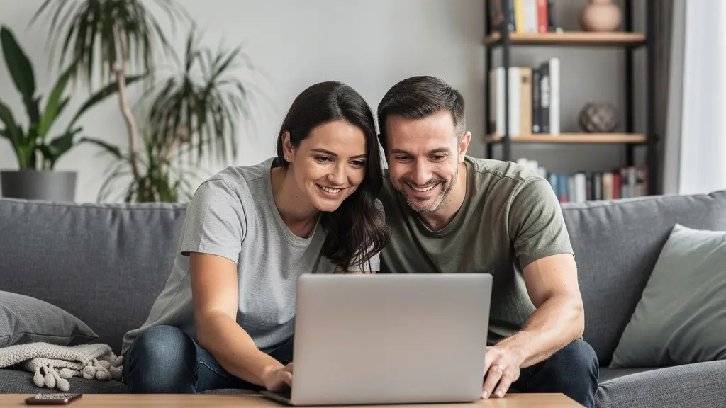 Couple trentenaire consultant un ordinateur pour leur projet de prêt immobilier
