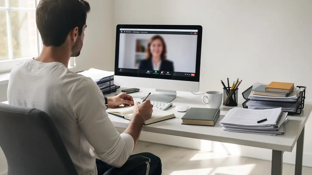 Client en visioconférence avec un courtier immobilier depuis son bureau