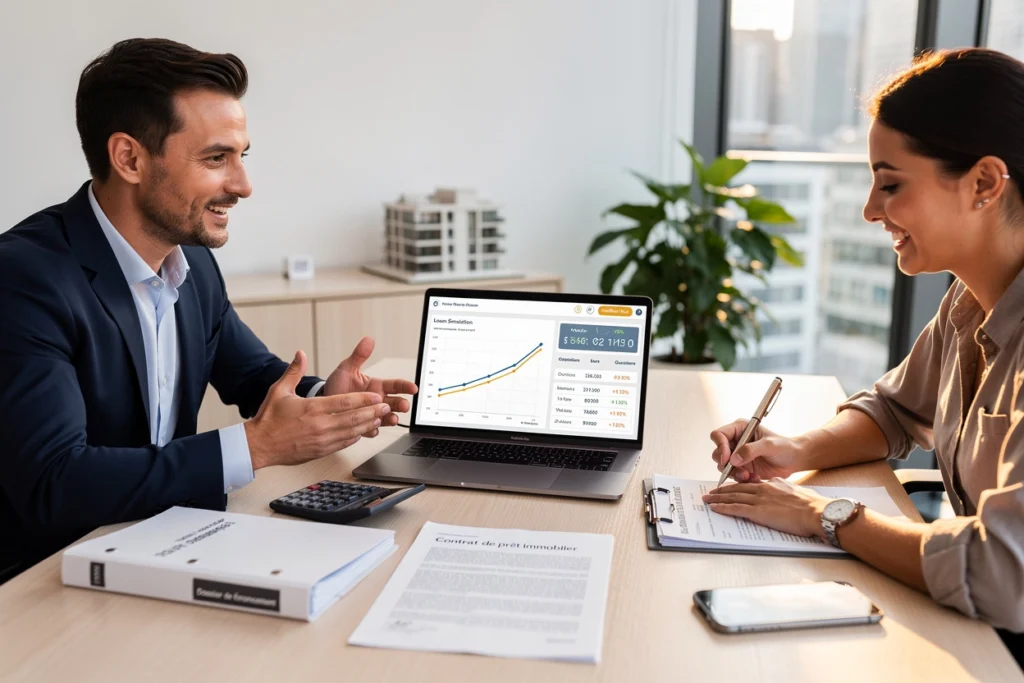 Le courtier discute du dossier de prêt immobilier avec sa cliente. Le courtier discute du dossier de prêt immobilier avec sa cliente.